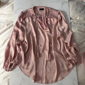 Tahari Dusty Pink Silky Long Sleeve Top with Ruching, Tassels, and Ruffle Detail